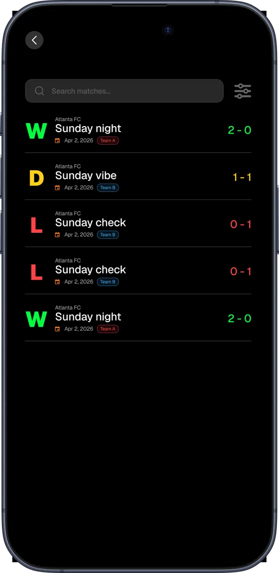 Game History screen listing past results